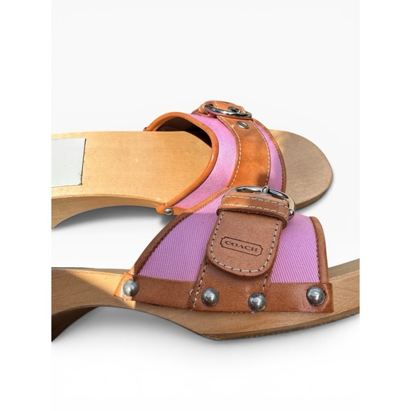 Vtg COACH Ella Twill Pink Buckle Wooden Clogs Platform Sandals Y2K Sz 8.5 Womens main image 5